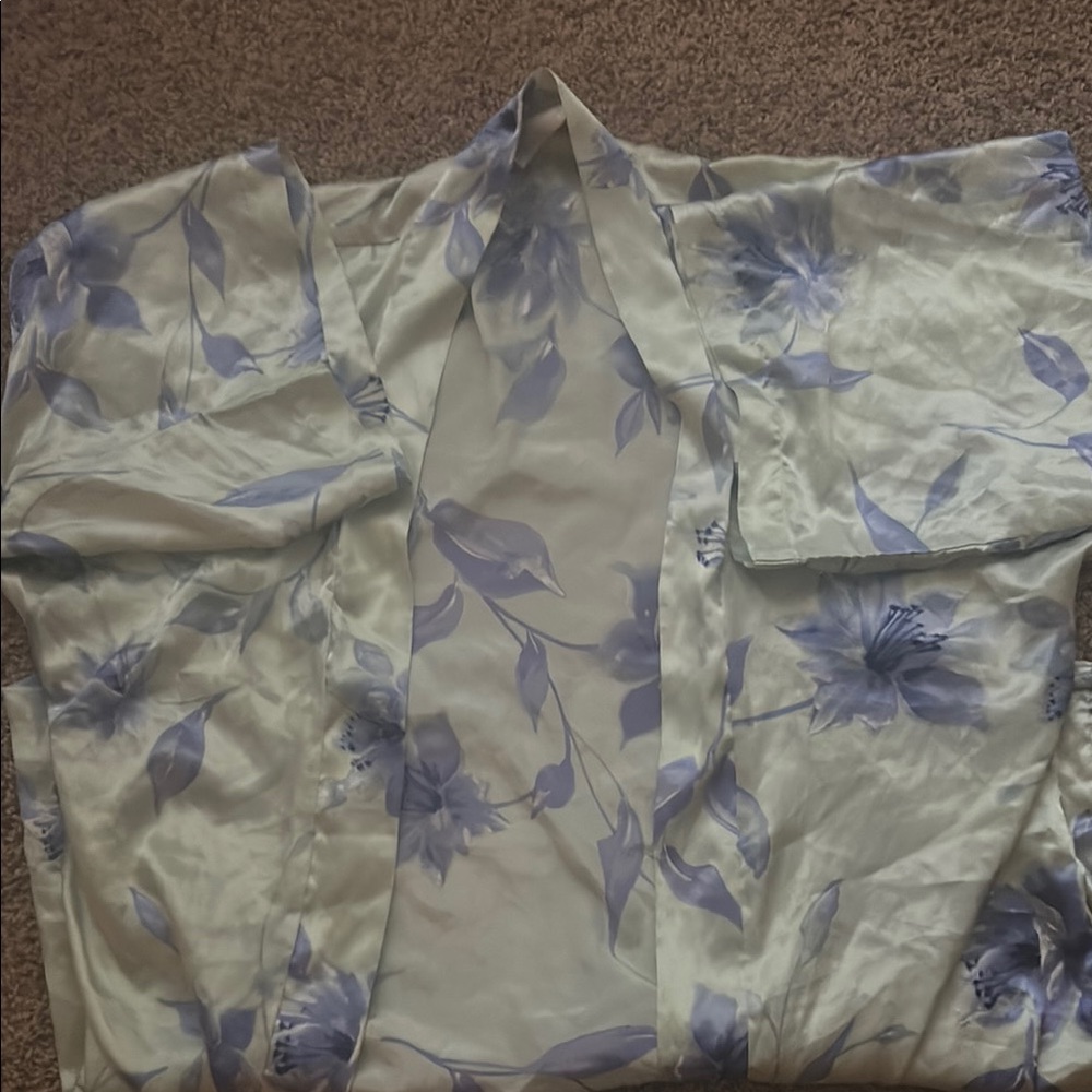 Cream and Blue Satin Robe with Watercolor Floral Design